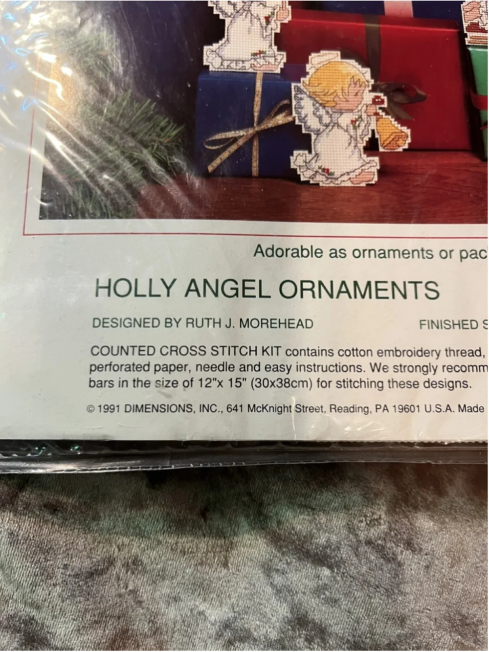 Sunset HOLLY ANGEL ORNAMENTS 1991 Perforated Paper Cross Stitch Kit Morehead